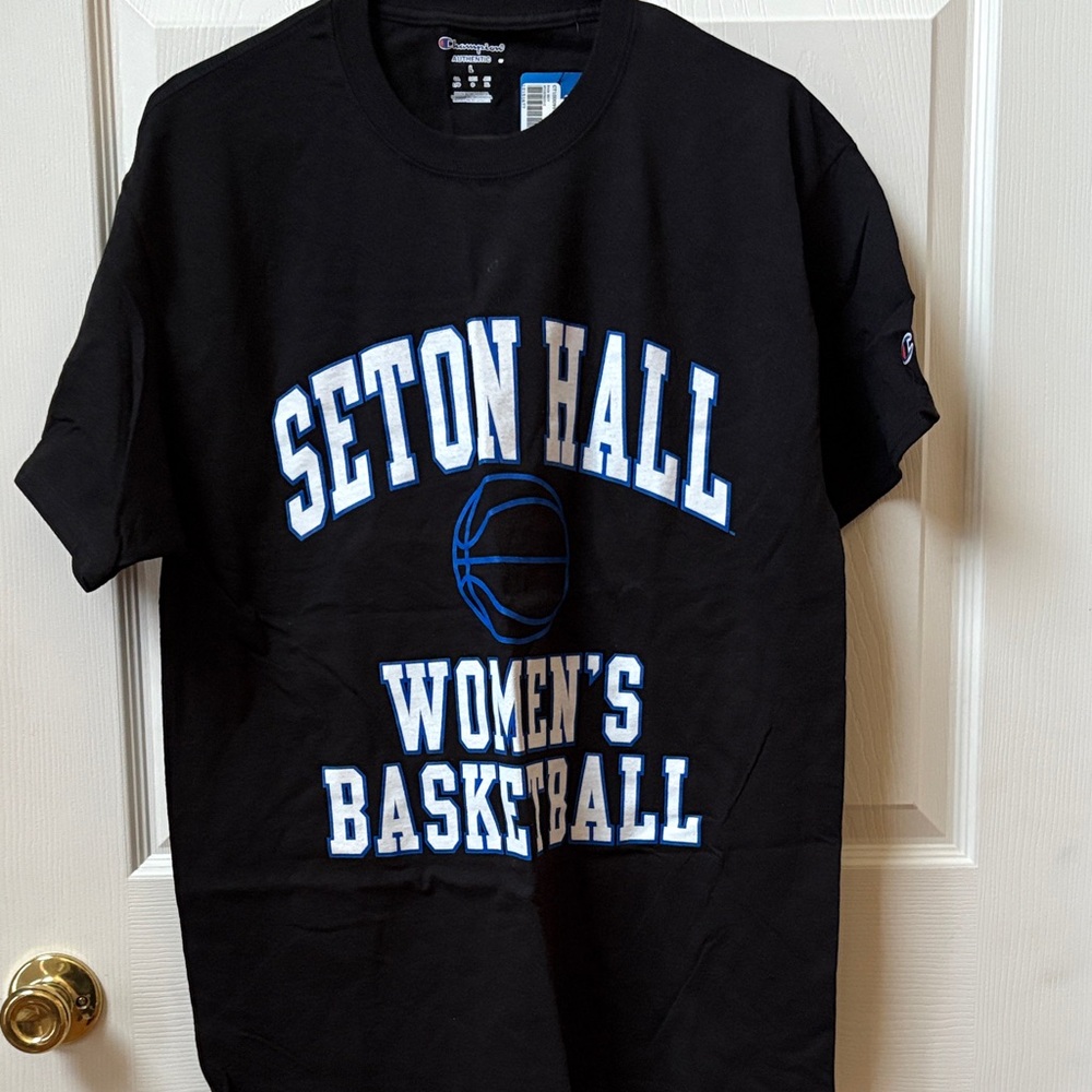 Champion Black Tee with Blue and White Seton Hall Graphic